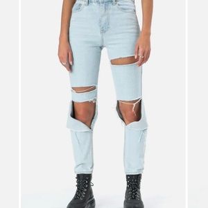 Light wash Adika straight leg jeans, distressed